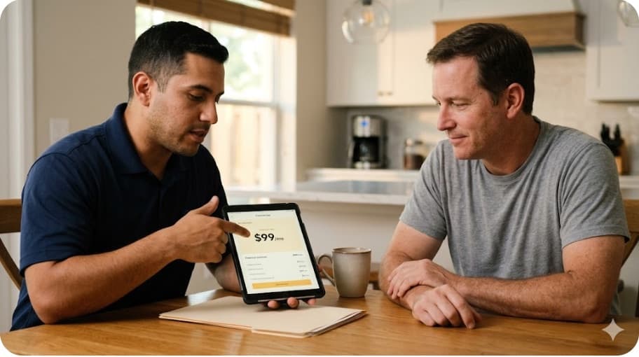 Taino technician walking a homeowner through monthly-payment options on a tablet at the kitchen table.
