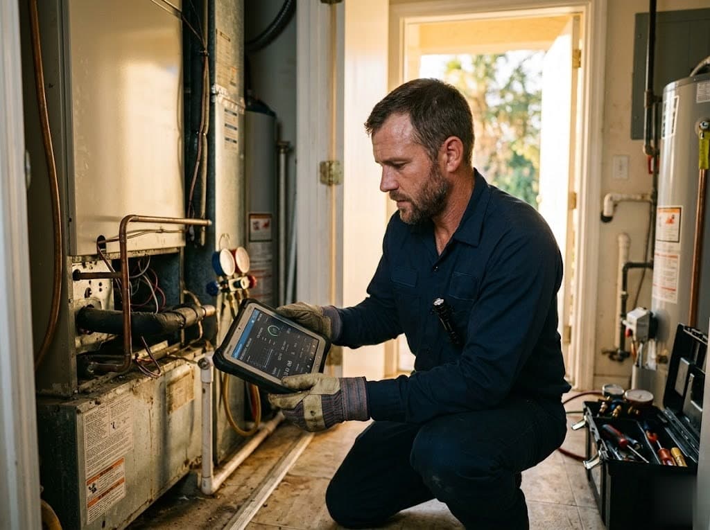 Taino technician kneeling beside a residential air handler, tablet in hand showing a diagnostic reading.